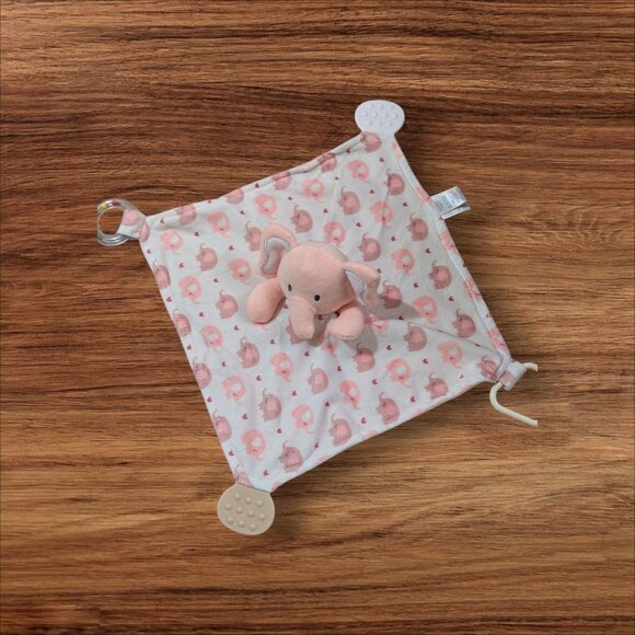 Modern Baby Elephant Security lovey Blanket Teether Toy Pink & White 12" - Picture 2 of 7